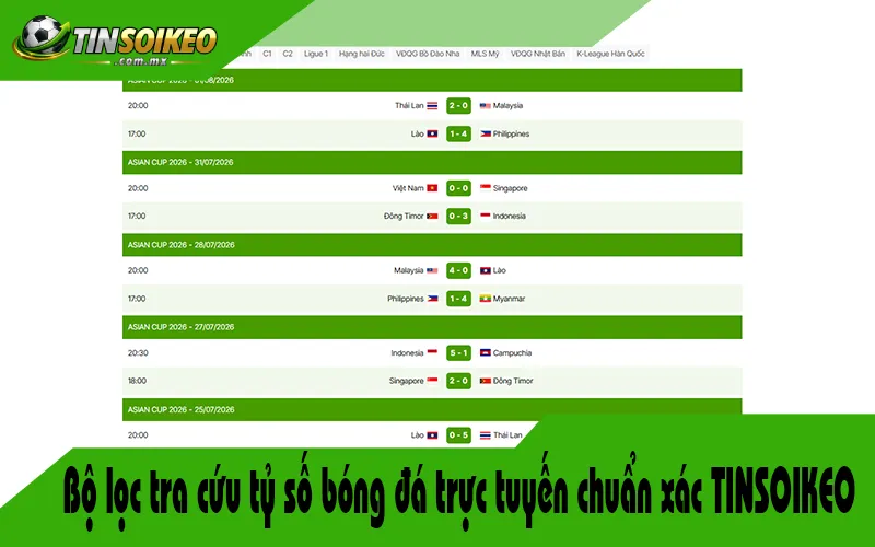 Bộ lọc tra cứu tỷ số bóng đá trực tuyến chuẩn xác TINSOIKEO.COM.MX